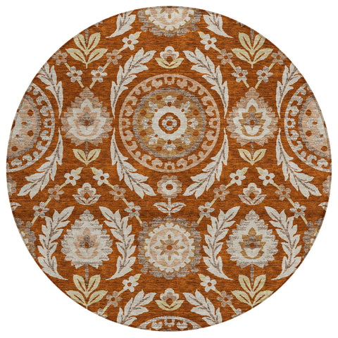 8' Orange Taupe And Gold Round Floral Washable Indoor Outdoor Area Rug