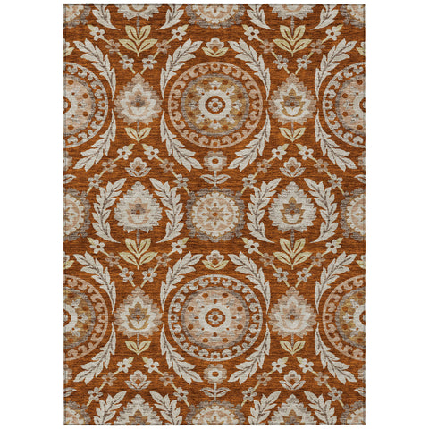 8' X 10' Orange Taupe And Gold Floral Washable Indoor Outdoor Area Rug