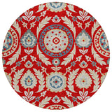 8' Red Beige And Navy Blue Round Floral Washable Indoor Outdoor Area Rug