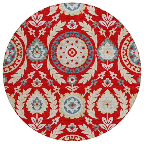 8' Red Beige And Navy Blue Round Floral Washable Indoor Outdoor Area Rug