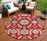 8' Red Beige And Navy Blue Round Floral Washable Indoor Outdoor Area Rug