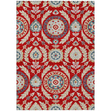 8' X 10' Red Beige And Navy Blue Floral Washable Indoor Outdoor Area Rug