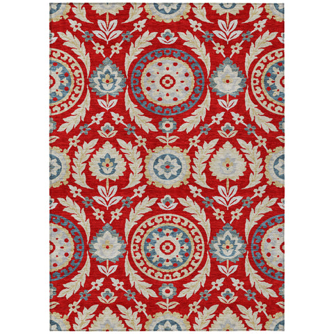 8' X 10' Red Beige And Navy Blue Floral Washable Indoor Outdoor Area Rug