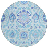 8' Sky Blue And Lavender Round Floral Washable Indoor Outdoor Area Rug