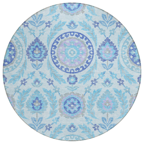 8' Sky Blue And Lavender Round Floral Washable Indoor Outdoor Area Rug
