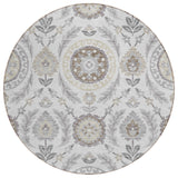 8' Silver Gray And Taupe Round Floral Washable Indoor Outdoor Area Rug