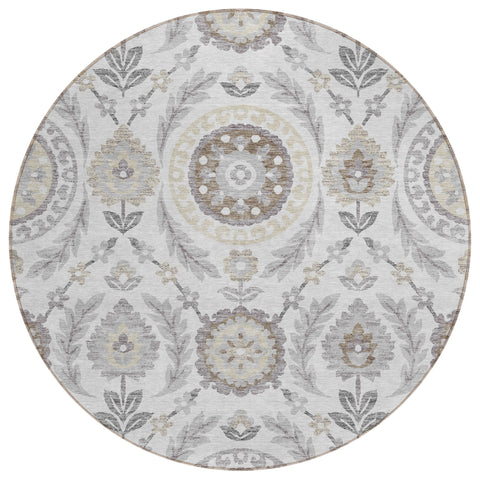 8' Silver Gray And Taupe Round Floral Washable Indoor Outdoor Area Rug
