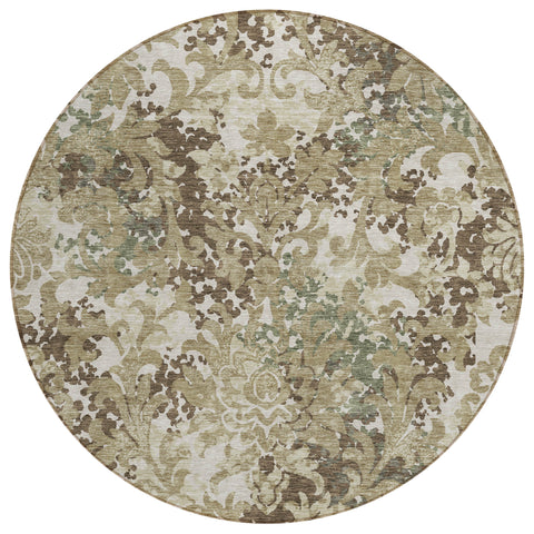 8' Beige Taupe And Brown Round Floral Washable Indoor Outdoor Area Rug