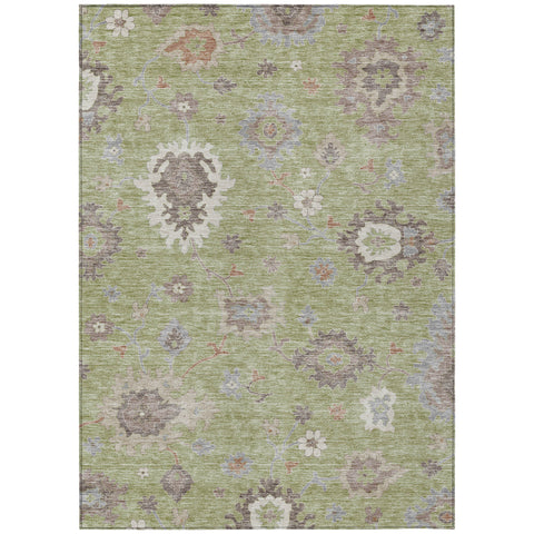 5' X 8' Artichoke Green And Beige Floral Washable Indoor Outdoor Area Rug