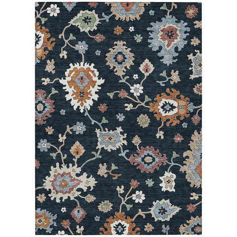3' X 5' Black Blue And Ivory Floral Washable Indoor Outdoor Area Rug