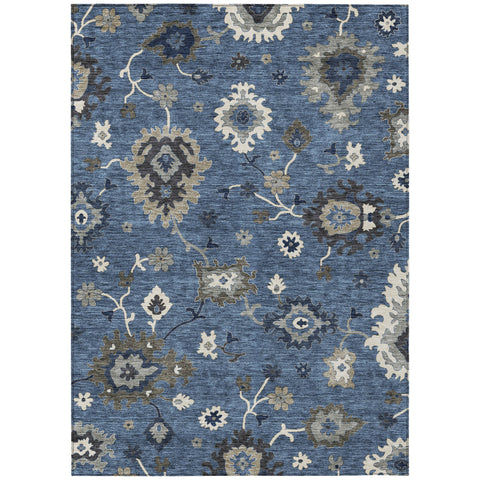 5' X 8' Blue Gray And White Floral Washable Indoor Outdoor Area Rug