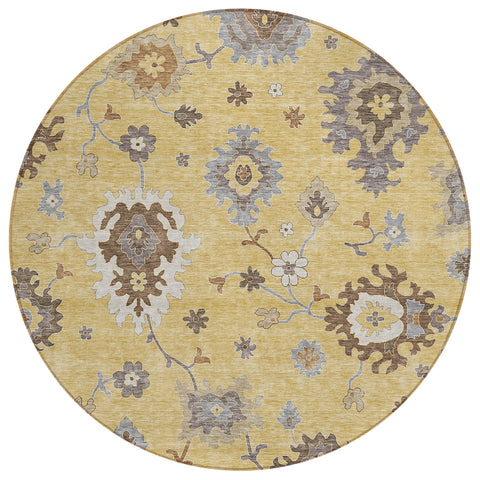 8' Gold Ivory And Brown Round Floral Washable Indoor Outdoor Area Rug