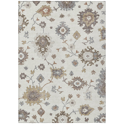 5' X 8' Ivory Gray And Taupe Floral Washable Indoor Outdoor Area Rug
