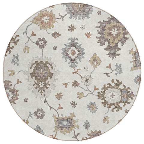 8' Ivory Gray And Taupe Round Floral Washable Indoor Outdoor Area Rug