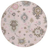 8' Pink Ivory And Chocolate Round Floral Washable Indoor Outdoor Area Rug