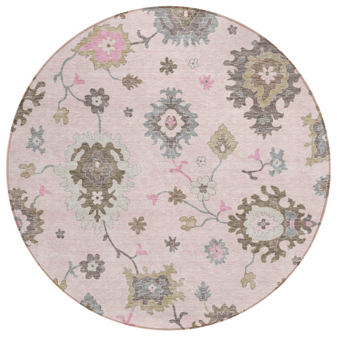 8' Pink Ivory And Chocolate Round Floral Washable Indoor Outdoor Area Rug