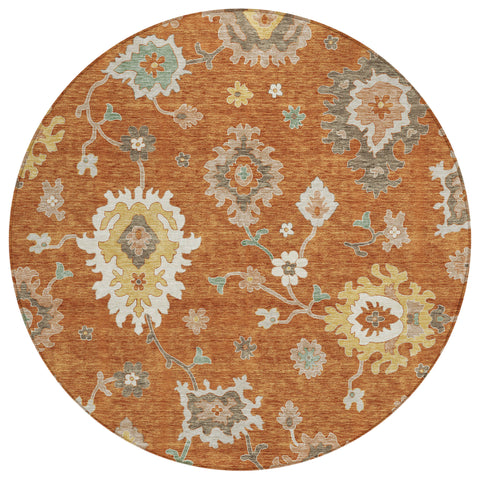 8' Orange Ivory And Gray Round Floral Washable Indoor Outdoor Area Rug