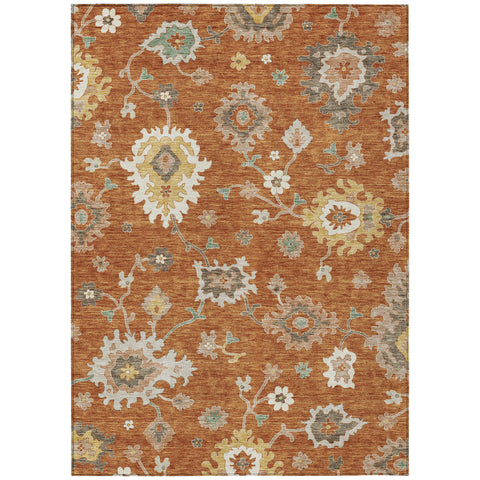 8' X 10' Orange Ivory And Gray Floral Washable Indoor Outdoor Area Rug