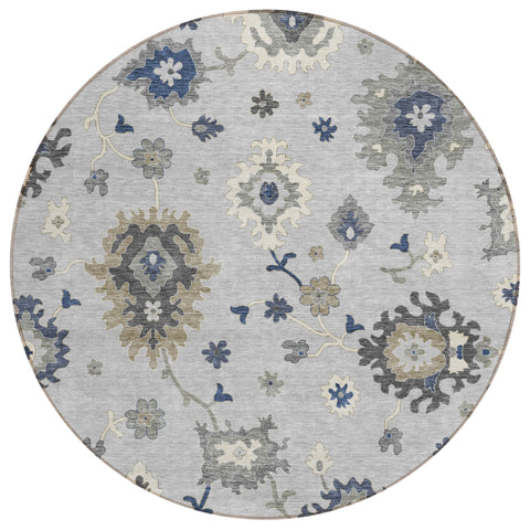 8' Silver Gray And Taupe Round Floral Washable Indoor Outdoor Area Rug