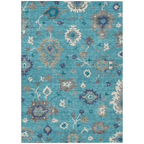 5' X 8' Teal Blue Silver And Gray Floral Washable Indoor Outdoor Area Rug