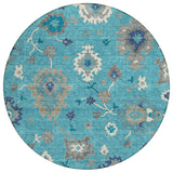 8' Teal Blue Silver And Gray Round Floral Washable Indoor Outdoor Area Rug