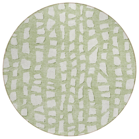 8' Artichoke Green And Ivory Round Abstract Washable Indoor Outdoor Area Rug