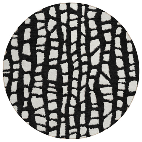 8' Black And Ivory Round Abstract Washable Indoor Outdoor Area Rug