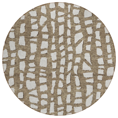 8' Brown And Ivory Round Abstract Washable Indoor Outdoor Area Rug