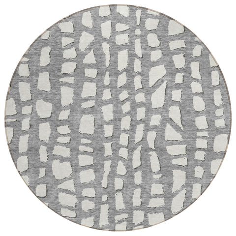 8' Gray And Ivory Round Abstract Washable Indoor Outdoor Area Rug
