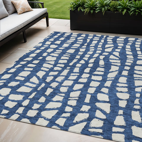 5' X 8' Navy Blue And Ivory Abstract Washable Indoor Outdoor Area Rug