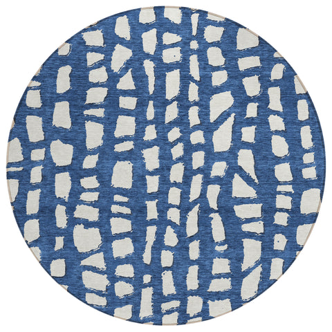 8' Navy Blue And Ivory Round Abstract Washable Indoor Outdoor Area Rug