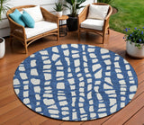8' Navy Blue And Ivory Round Abstract Washable Indoor Outdoor Area Rug
