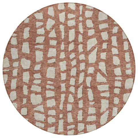 8' Orange And Ivory Round Abstract Washable Indoor Outdoor Area Rug