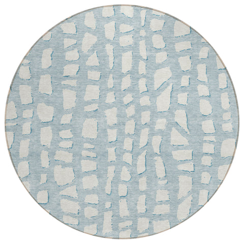 8' Sky Blue And Ivory Round Abstract Washable Indoor Outdoor Area Rug