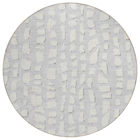 8' Silver And Ivory Round Abstract Washable Indoor Outdoor Area Rug