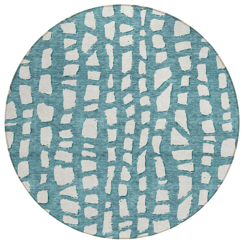 8' Teal Blue And Ivory Round Abstract Washable Indoor Outdoor Area Rug