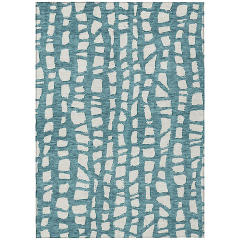 8' X 10' Teal Blue And Ivory Abstract Washable Indoor Outdoor Area Rug