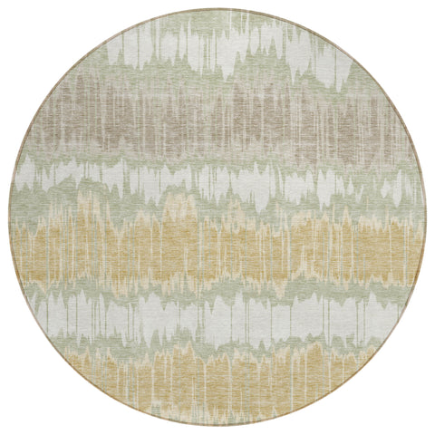 8' Artichoke Green Ivory And Gold Round Striped Washable Indoor Outdoor Area Rug