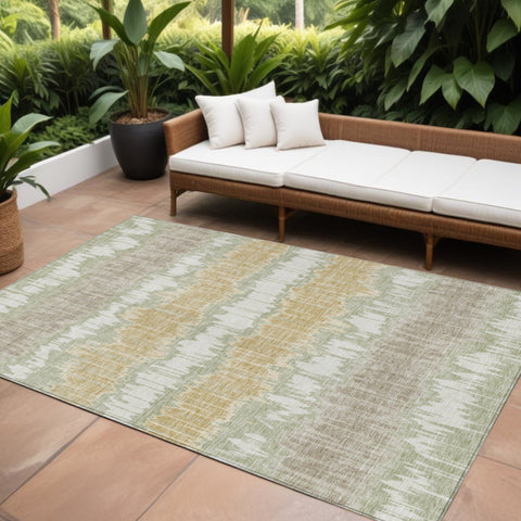 8' X 10' Artichoke Green Ivory And Gold Striped Washable Indoor Outdoor Area Rug