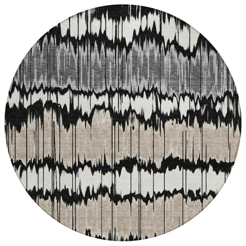8' Black Silver And Gray Round Striped Washable Indoor Outdoor Area Rug