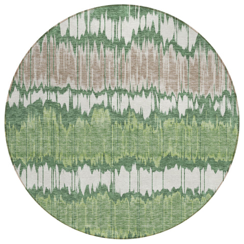 8' Green Ivory And Taupe Round Striped Washable Indoor Outdoor Area Rug