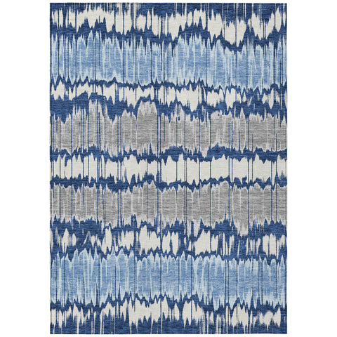 5' X 8' Navy Blue Ivory And Denim Blue Striped Washable Indoor Outdoor Area Rug