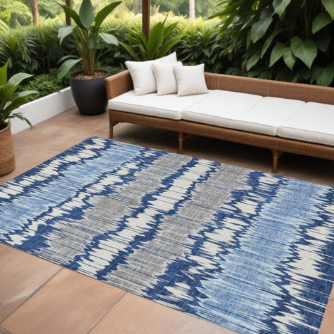 8' X 10' Navy Blue Ivory And Denim Blue Striped Washable Indoor Outdoor Area Rug