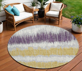 8' Silver Ivory And Purple Round Striped Washable Indoor Outdoor Area Rug