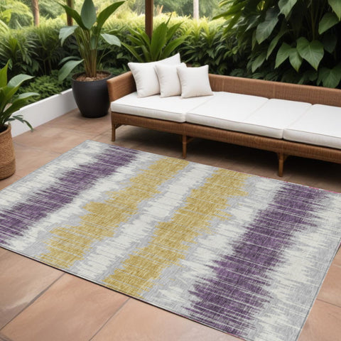 8' X 10' Silver Ivory And Purple Striped Washable Indoor Outdoor Area Rug