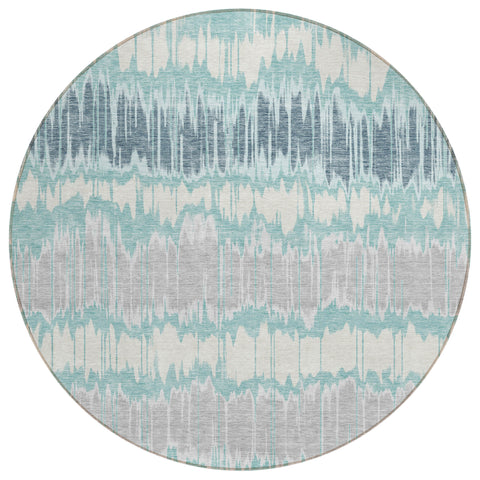 8' Teal Blue Aqua And Silver Round Striped Washable Indoor Outdoor Area Rug