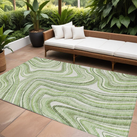 8' X 10' Artichoke Green And Ivory Abstract Washable Indoor Outdoor Area Rug