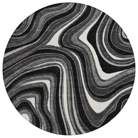 8' Black Gray And White Round Abstract Washable Indoor Outdoor Area Rug