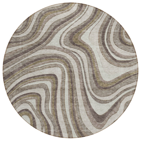 8' Brown Ivory And Taupe Round Abstract Washable Indoor Outdoor Area Rug