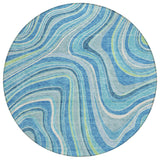 8' Navy Blue And Denim Blue Round Abstract Washable Indoor Outdoor Area Rug